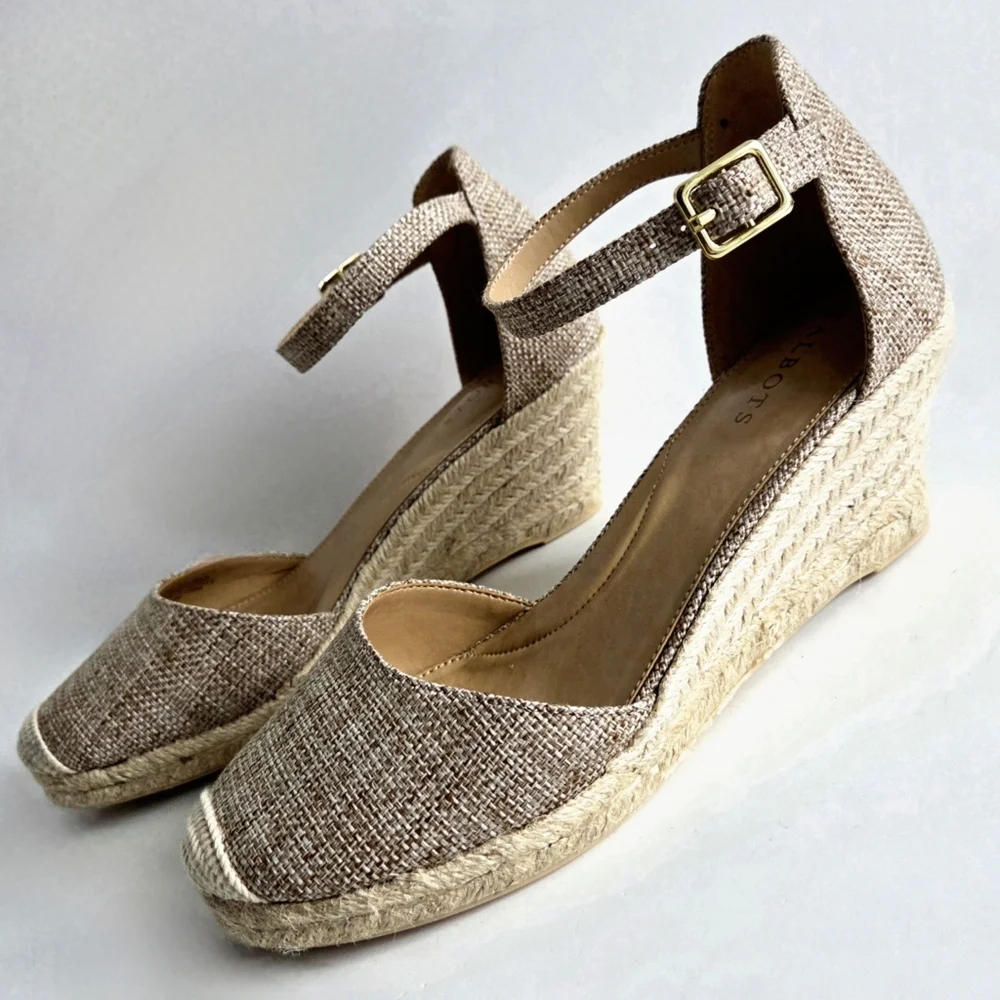 Talbots New Espadrille Wedge Heels With Ankle Strap, Brown, Tan, & Gold, Size 8